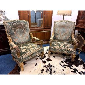 Large Pair Of Castle Armchairs In Gilded Wood 