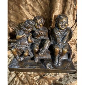 Bronze 3 Children On A Bench By Juan Clara