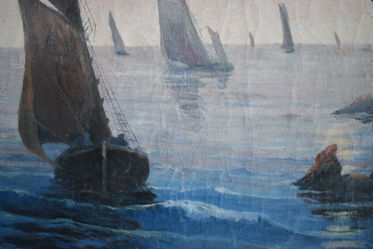 Rene Lacaze - Coastal Landscape With Sailing Boats-photo-4