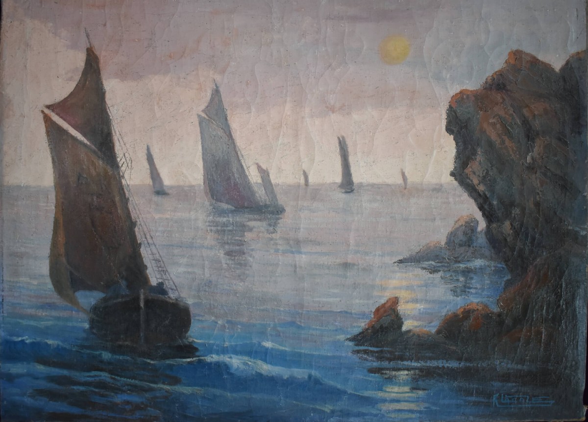 Rene Lacaze - Coastal Landscape With Sailing Boats