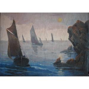 Rene Lacaze - Coastal Landscape With Sailing Boats