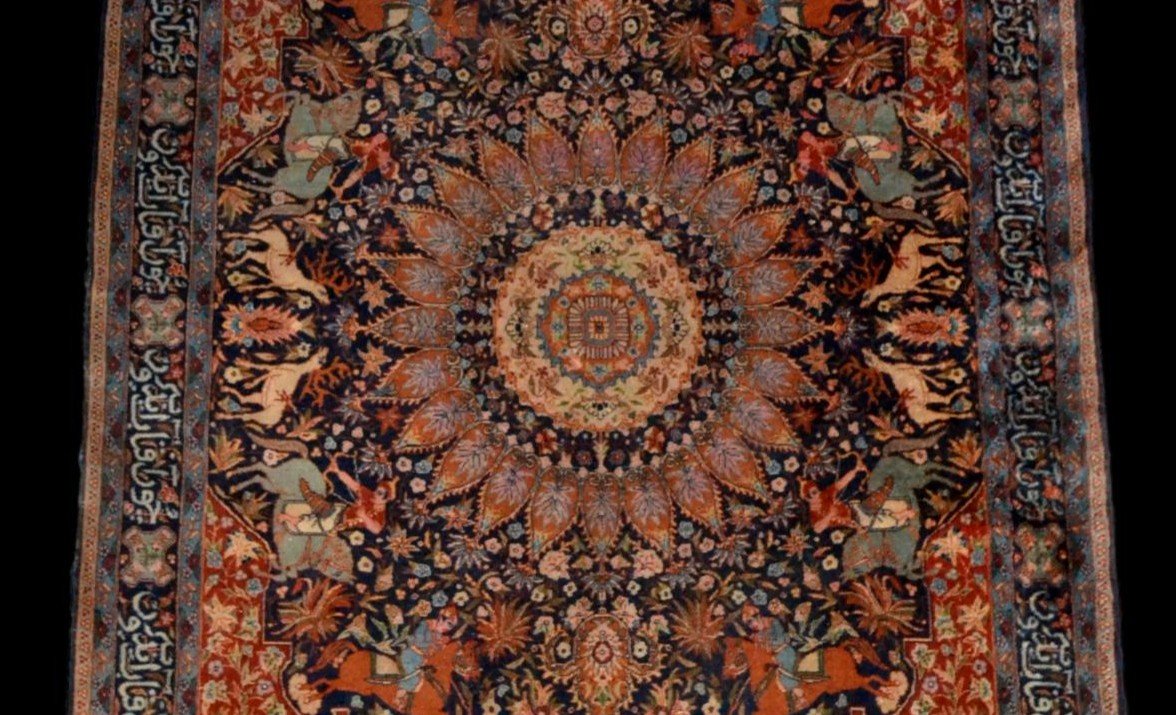 Tapis de chasse Tabriz, Indo-persan, 138 x 220 cm, laine nouée main vers 1960-1970, superbe-photo-1