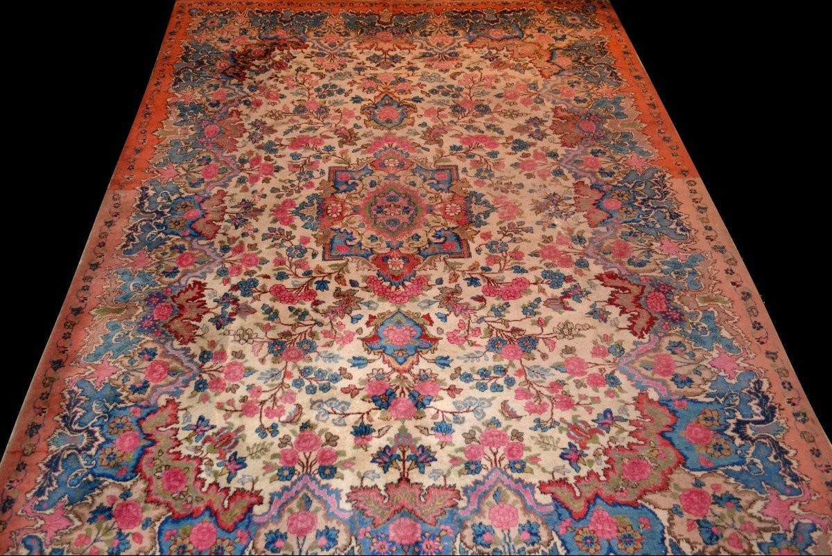 Tapis Kirman signé, art nouveau, 255 x 345 cm, laine nouée main, Perse, début du XXème siècle-photo-3