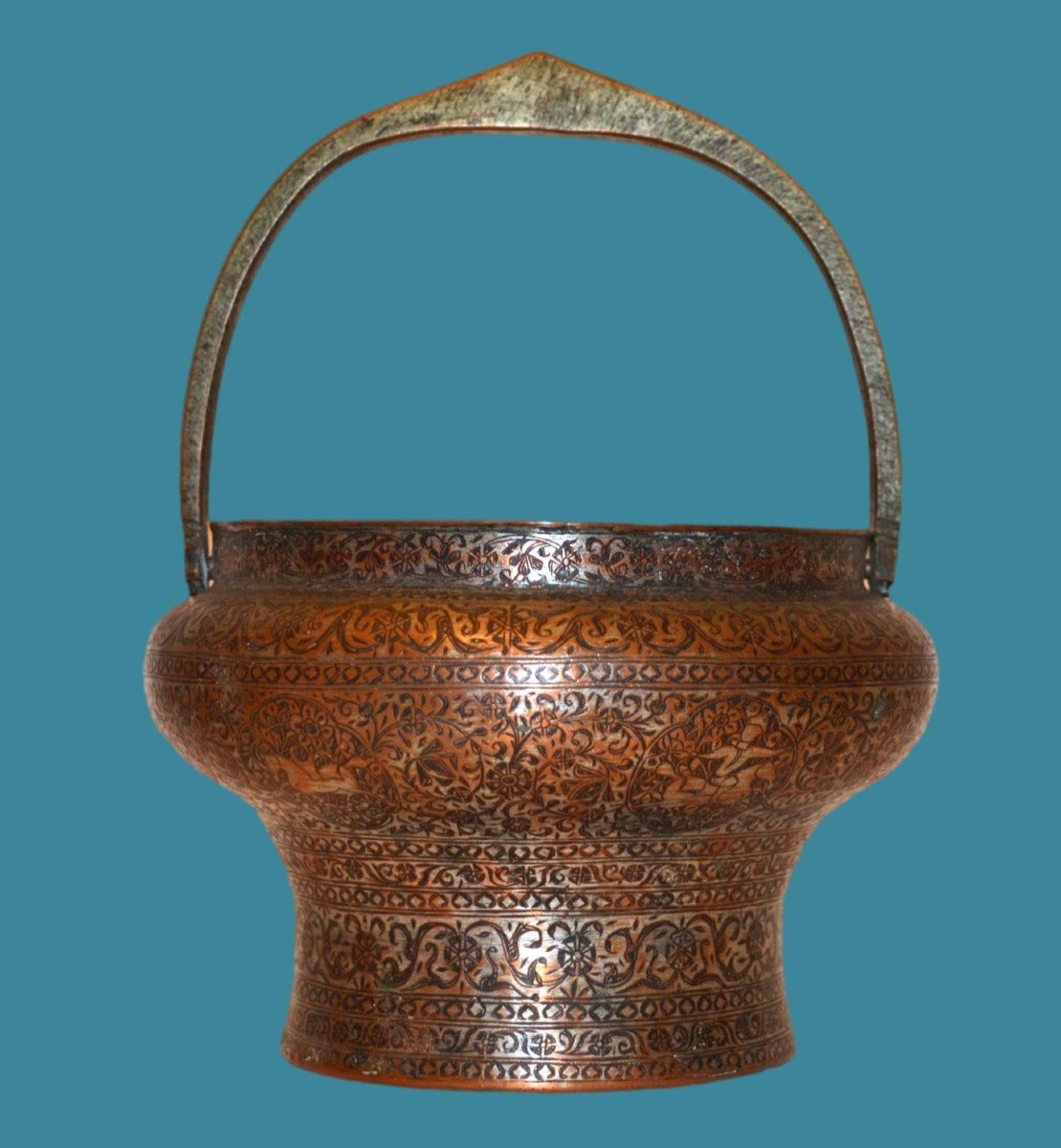 19th Century Kadjar Hammam Bucket, Tinned Copper, Finely Chiseled Hunting Scenes, Persia (iran)-photo-7