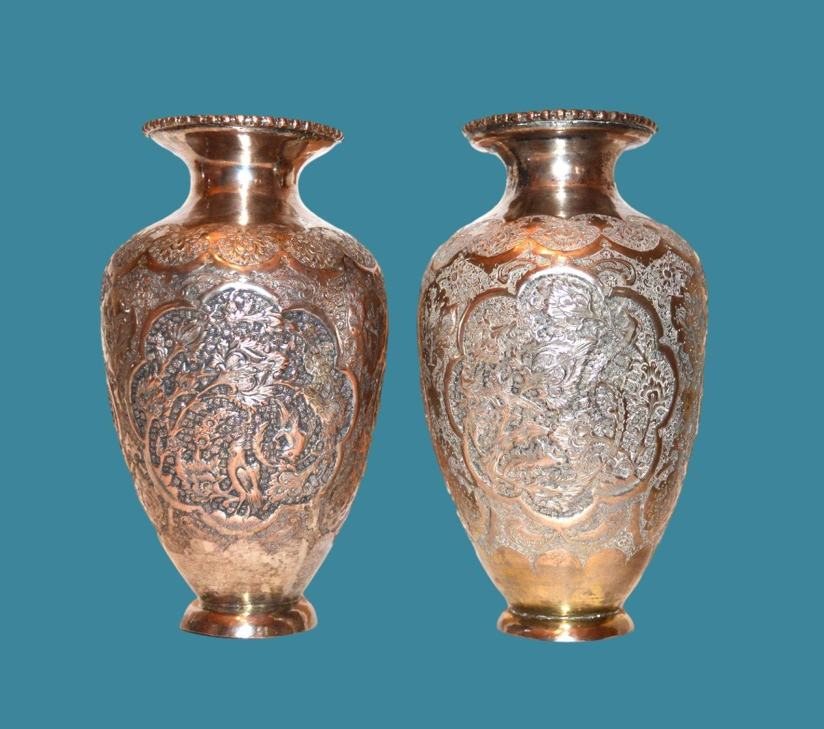 Pair Of Wedding Vases, End Of The Kadjar Dynasty, Persia, Early 20th Century, In Silver Metal-photo-6