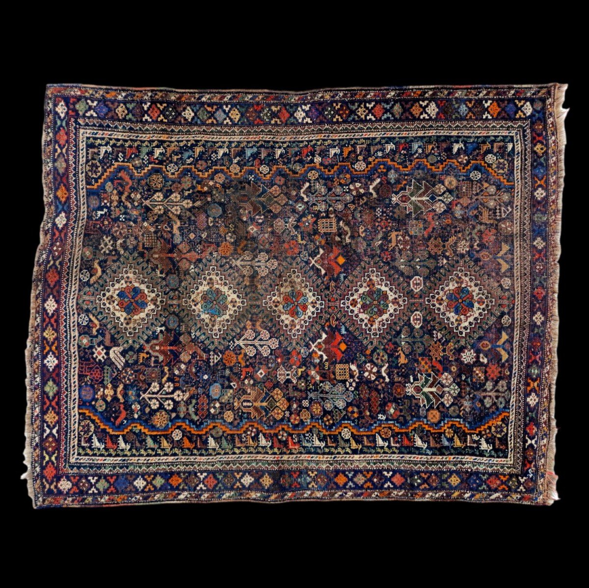 Tapis Kachkaï ancien, 157 cm x 193 cm, laine nouée main en Perse, fin XIXème début du XXème S-photo-2