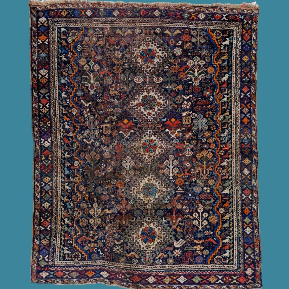 Tapis Kachkaï ancien, 157 cm x 193 cm, laine nouée main en Perse, fin XIXème début du XXème S-photo-8