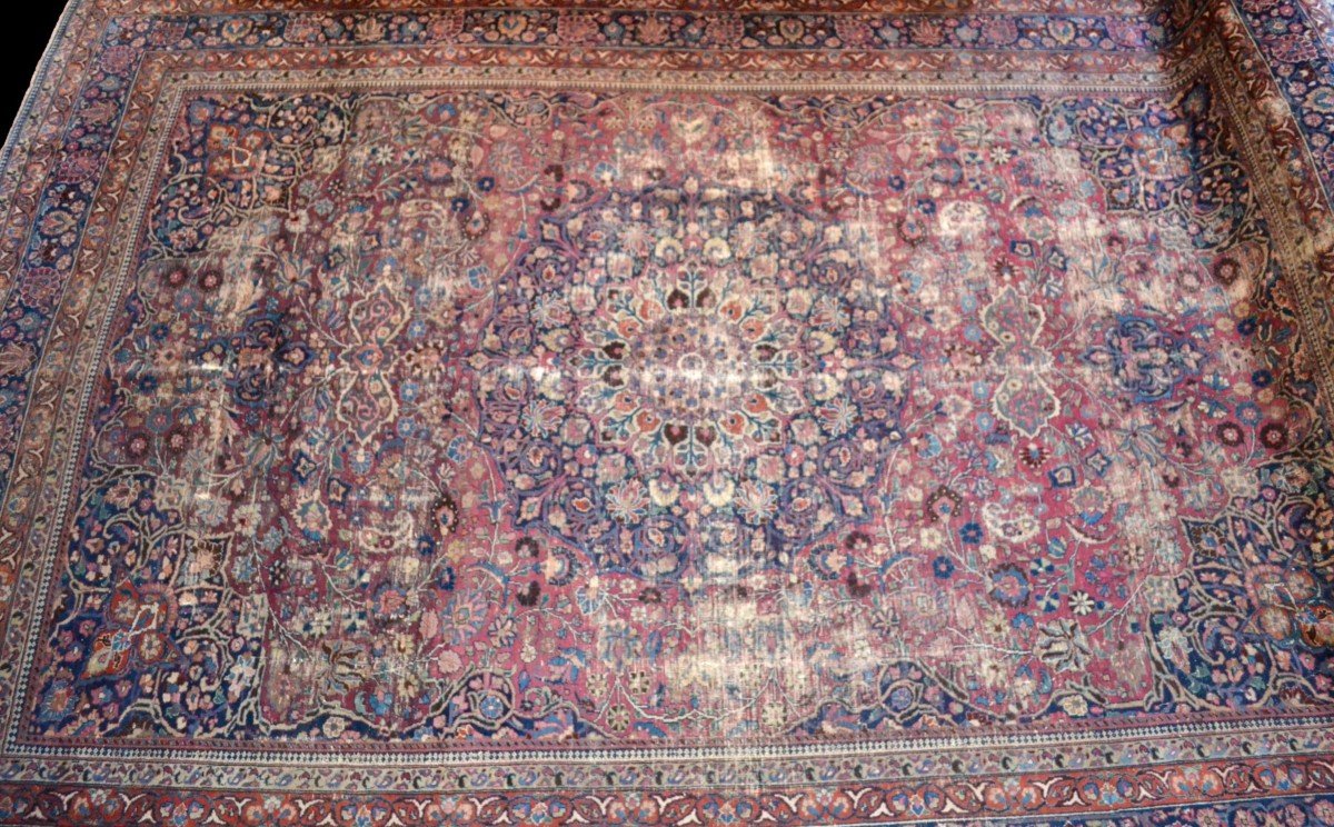 Ancient Kirman, 316 X 432 Cm, Medallion With Radiant Rosette, Persia, Late 19th Century-photo-3