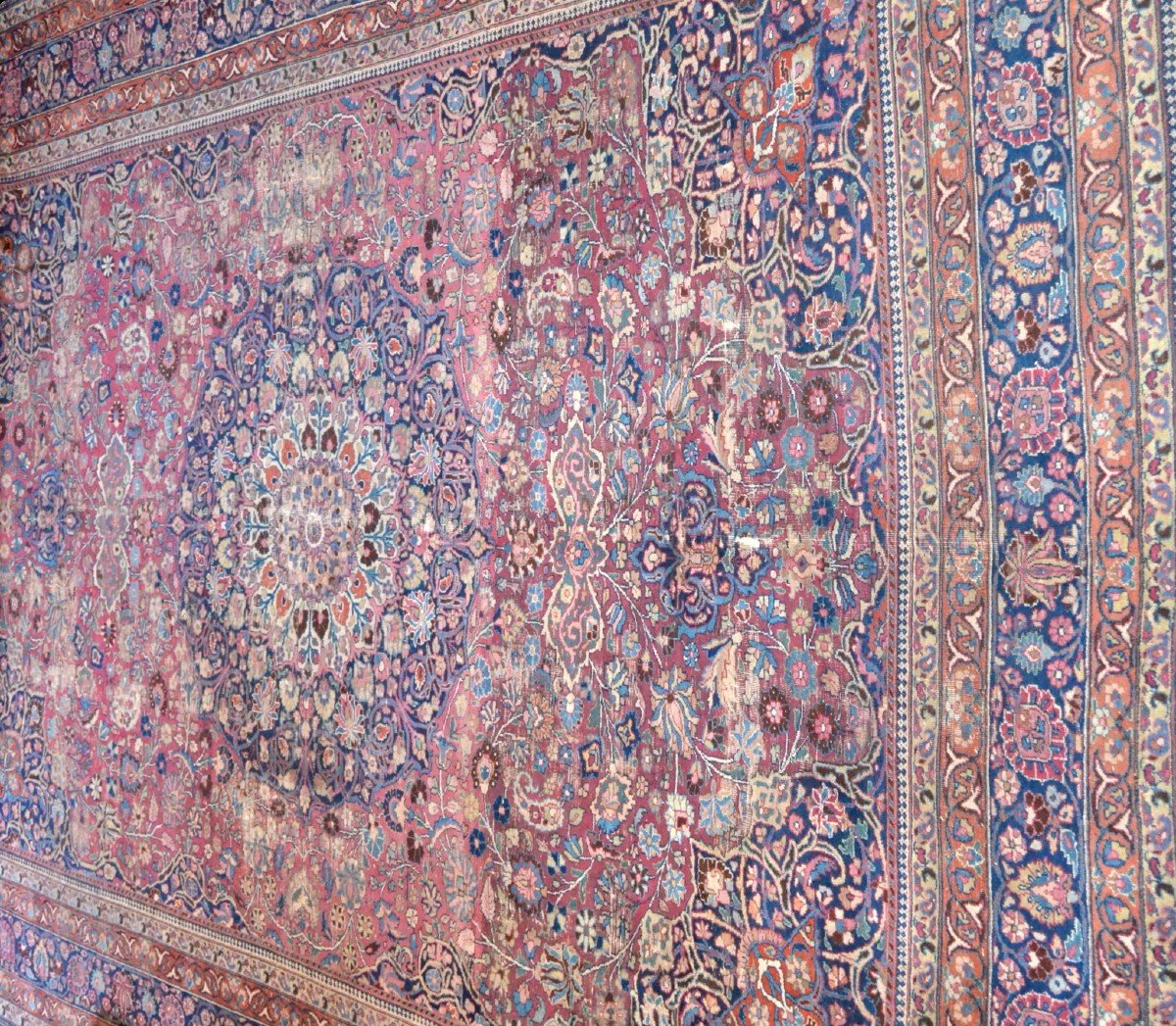 Ancient Kirman, 316 X 432 Cm, Medallion With Radiant Rosette, Persia, Late 19th Century-photo-4