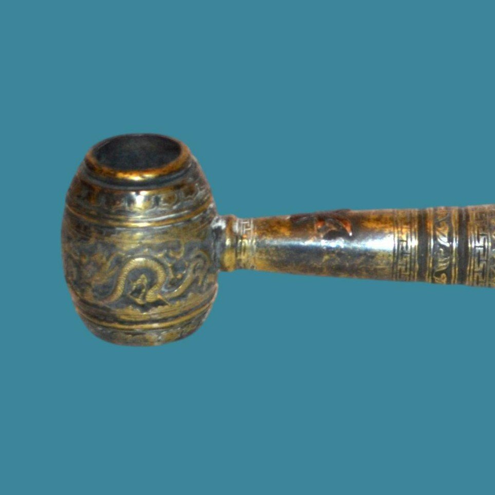 Opium Pipe, China, Rare And Important Old Piece In Silvered Brass From The 19th Century-photo-3