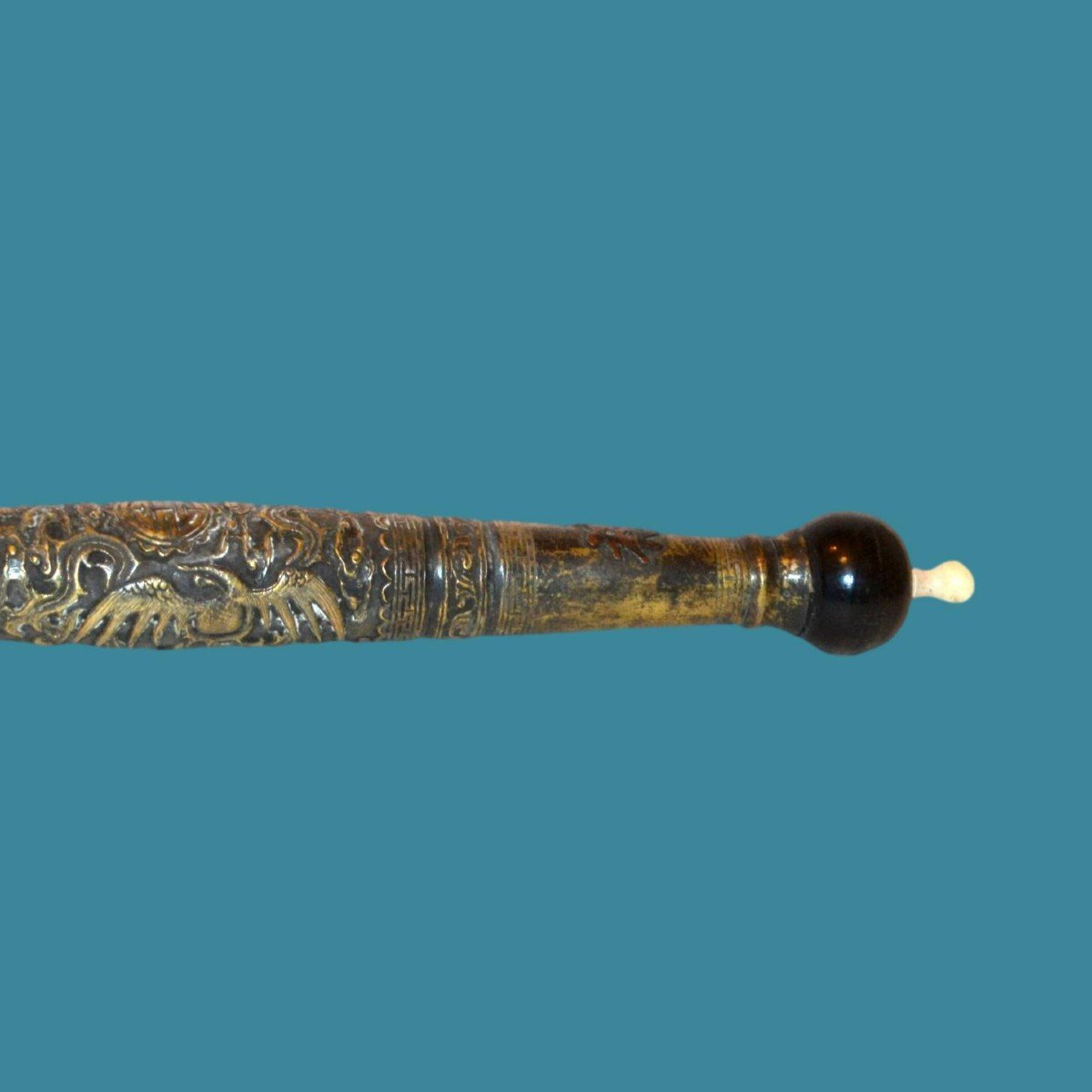 Opium Pipe, China, Rare And Important Old Piece In Silvered Brass From The 19th Century-photo-4