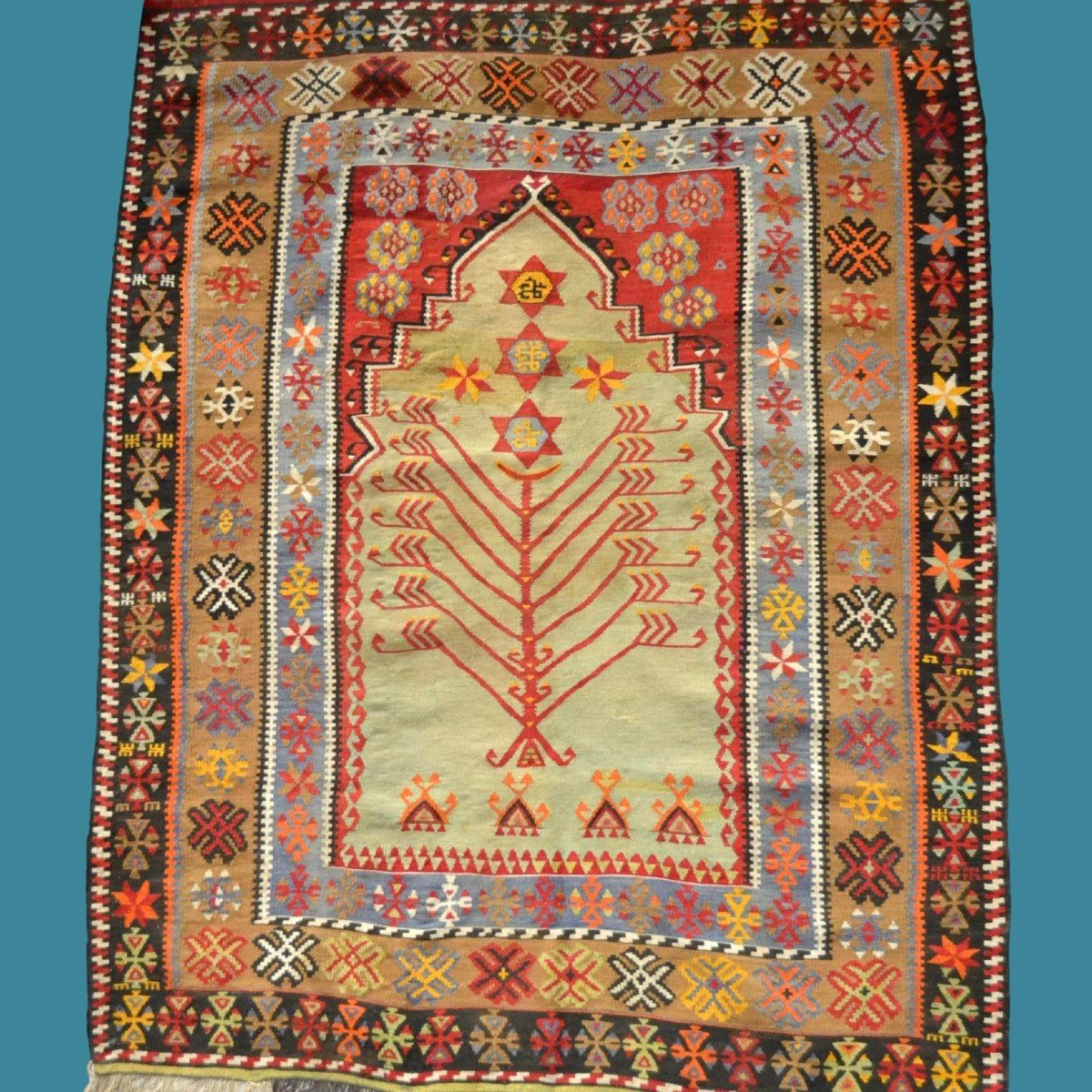 Extraordinary Obruk - Prayer Kilim, 140 X 197 Cm, Woven Wool Late 19th Century Early 20th Century-photo-8