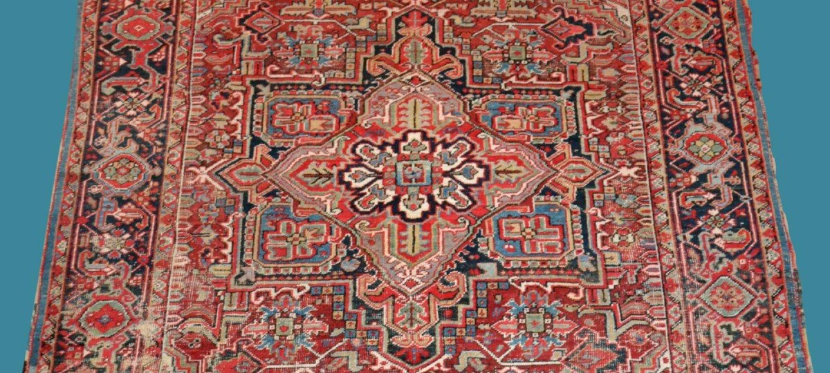 Rare Old Meina, Heriz Type, 215 X 277 Cm, Hand-knotted Wool, Persia Around 1900, Kadjar Dynasty-photo-4