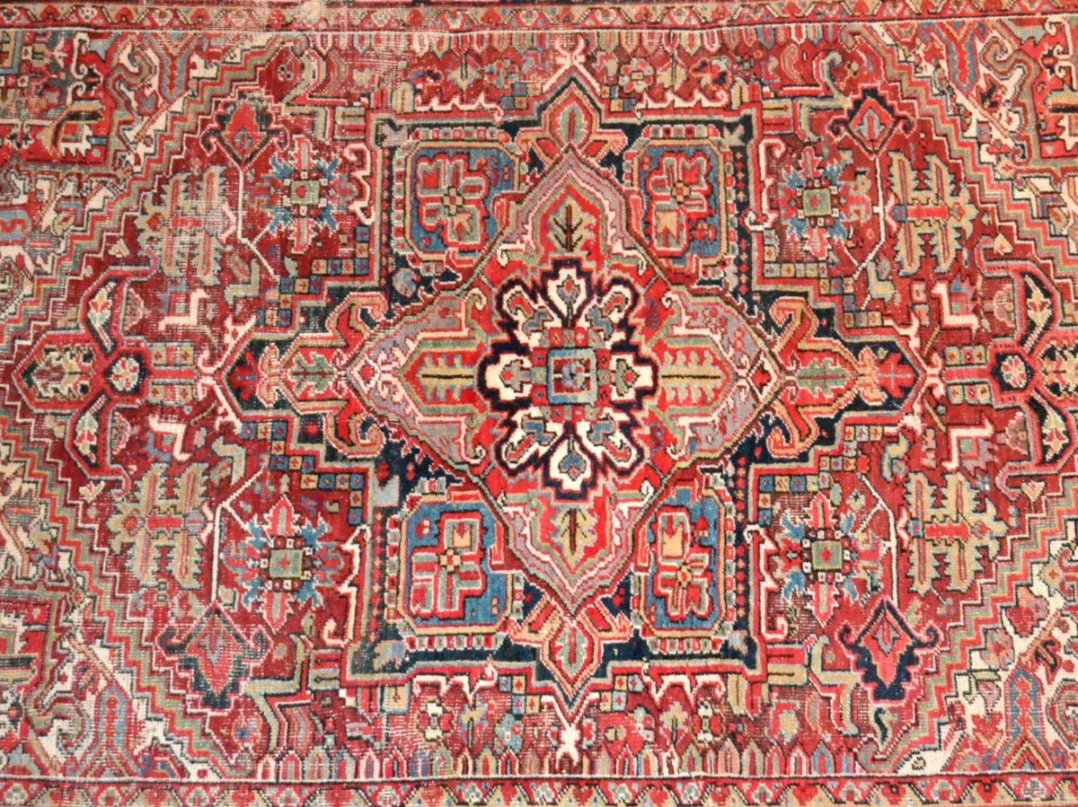 Rare Old Meina, Heriz Type, 215 X 277 Cm, Hand-knotted Wool, Persia Around 1900, Kadjar Dynasty-photo-7