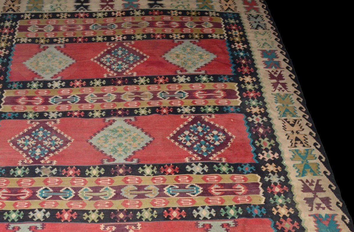 Kilim ancien, 196 cm x 292 cm, laine tissée main vers 1900 en Anatolie, Turquie, très bel état-photo-2