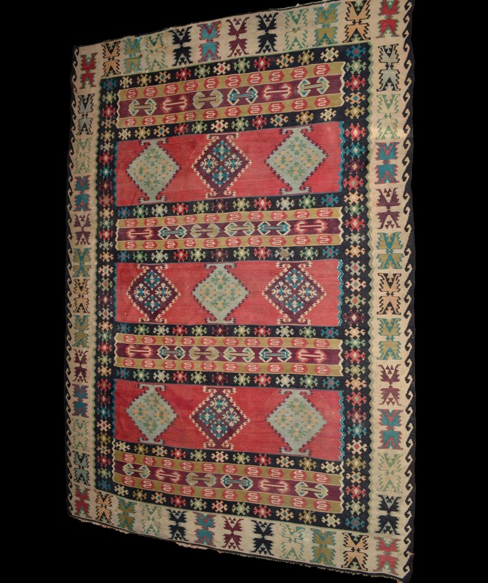 Kilim ancien, 196 cm x 292 cm, laine tissée main vers 1900 en Anatolie, Turquie, très bel état-photo-8