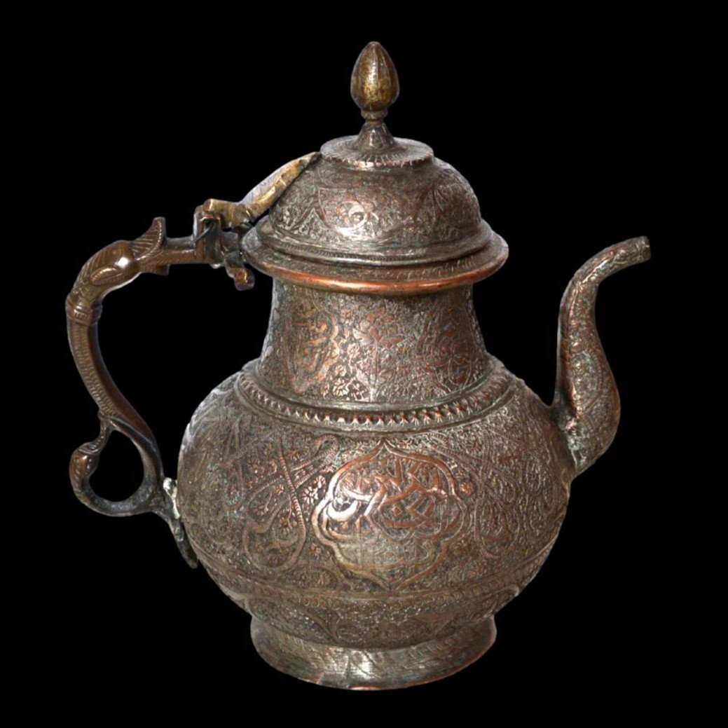 Aftabé, Very Ornate Tinned Bronze Ewer, 19th Century Persia, Very Good Condition-photo-2