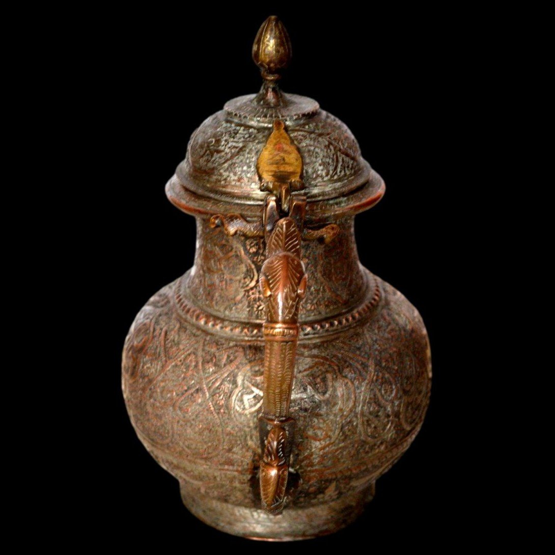 Aftabé, Very Ornate Tinned Bronze Ewer, 19th Century Persia, Very Good Condition-photo-4