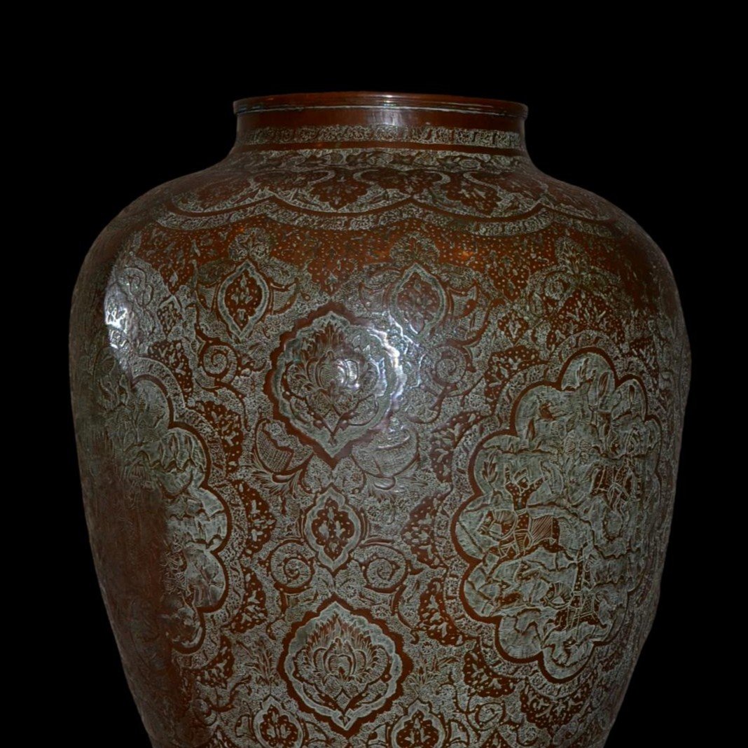 Monumental Vase In Ghalam Zani, Ht 77 Cm, Iran, Persia, Kadjar Dynasty 19th Century, Unique-photo-2