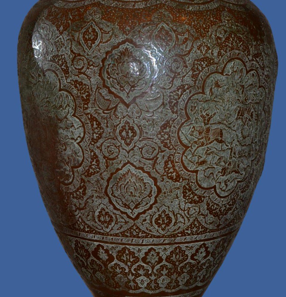 Monumental Vase In Ghalam Zani, Ht 77 Cm, Iran, Persia, Kadjar Dynasty 19th Century, Unique-photo-7