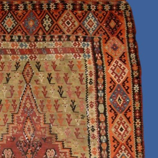 Tapis en Kilim Senneh, 142 cm x 220 cm, tapis de prière tissé à plat, Perse du XIXème siècle-photo-4