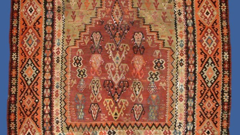 Tapis en Kilim Senneh, 142 cm x 220 cm, tapis de prière tissé à plat, Perse du XIXème siècle-photo-1