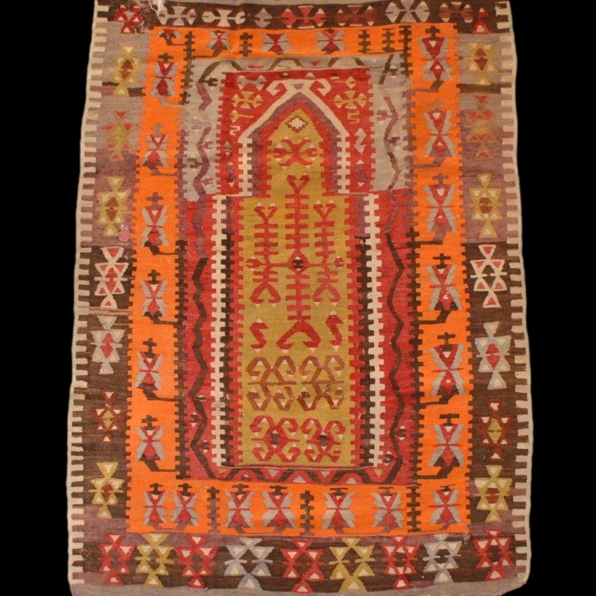 Tapis en Kilim Senneh, 142 cm x 220 cm, tapis de prière tissé à plat, Perse du XIXème siècle-photo-7