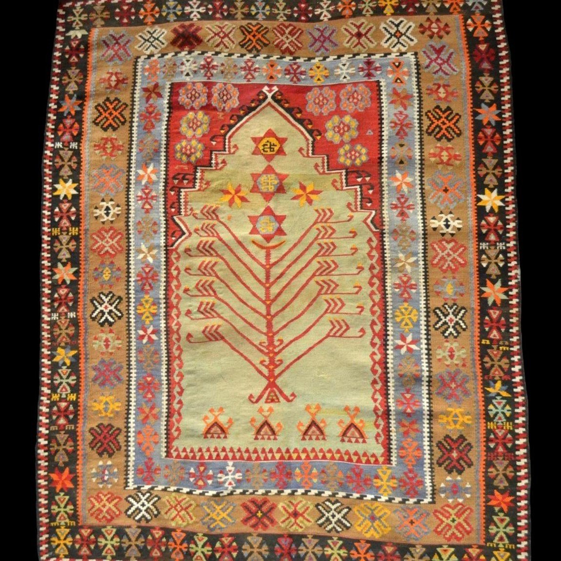 Tapis en Kilim Senneh, 142 cm x 220 cm, tapis de prière tissé à plat, Perse du XIXème siècle-photo-8