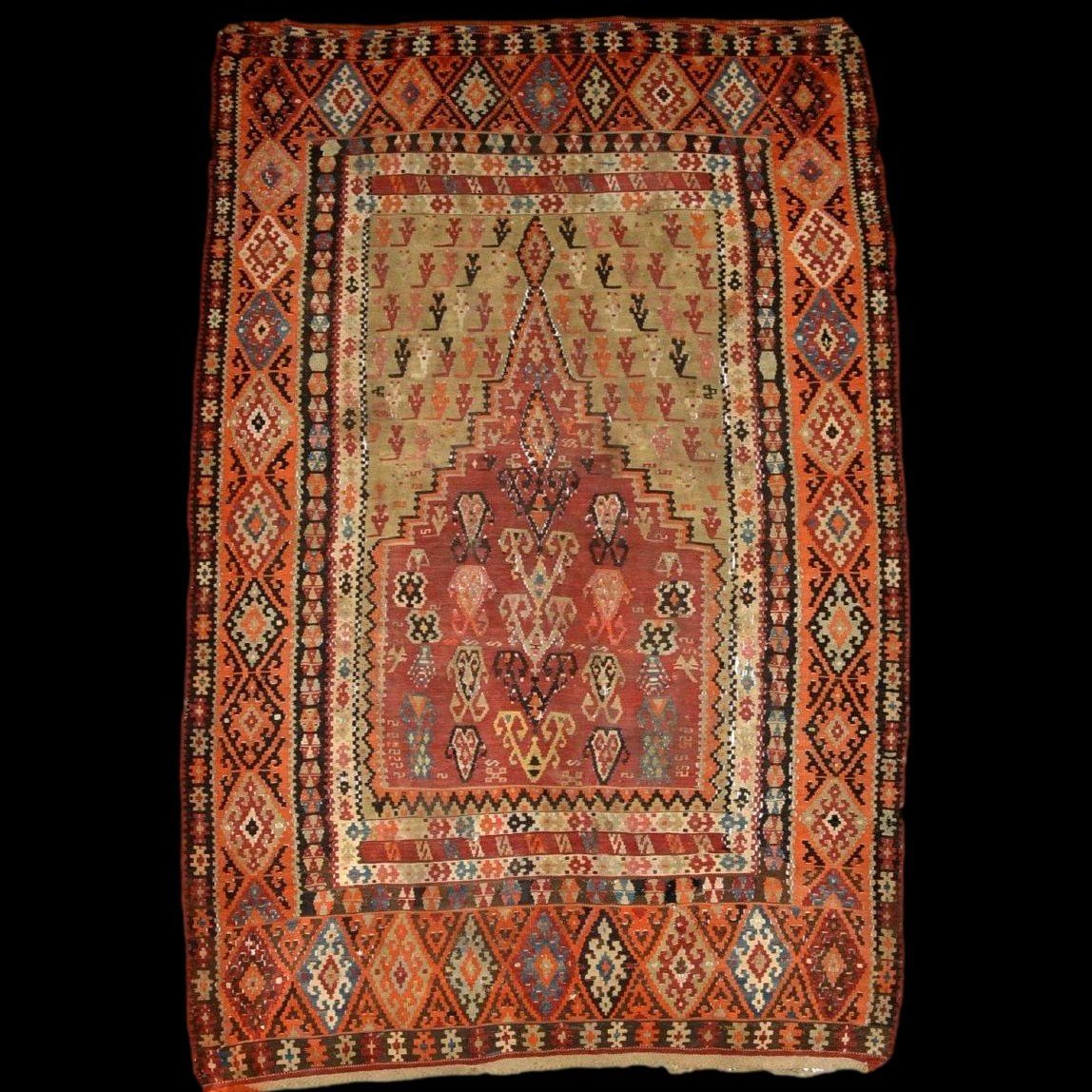 Tapis en Kilim Senneh, 142 cm x 220 cm, tapis de prière tissé à plat, Perse du XIXème siècle