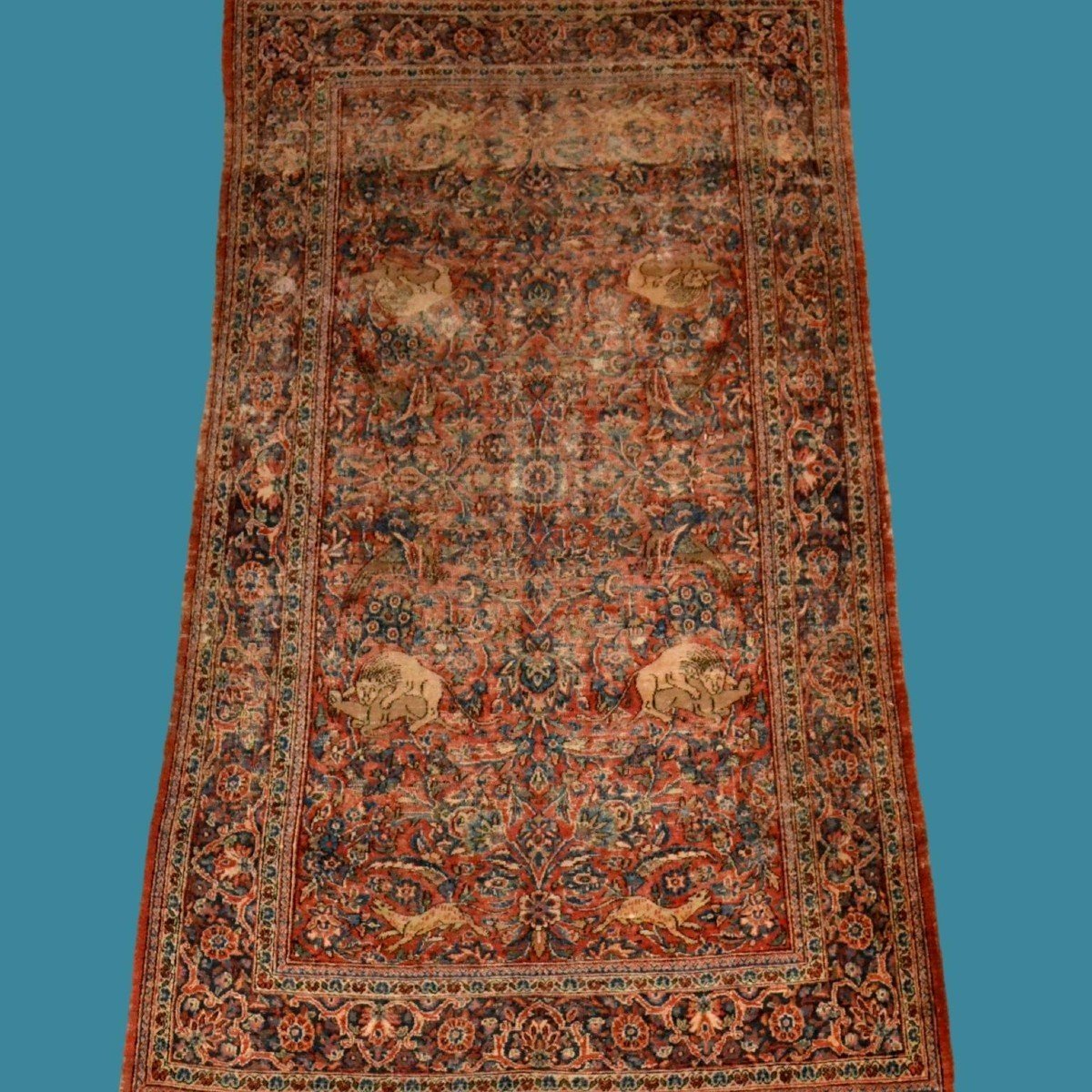 Antique Isfahan Rug With Hunting Scene, 124 X 203 Cm, Hand-knotted Wool In Persia In The 19th-photo-7