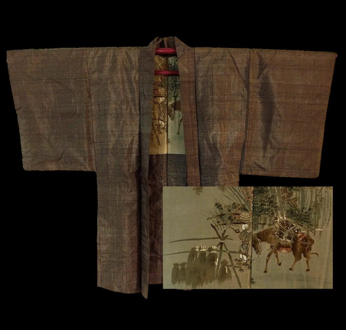 Veste Haori homme, soie, 1950, période Showa, Japon, peinture sur soie, très bon état-photo-3