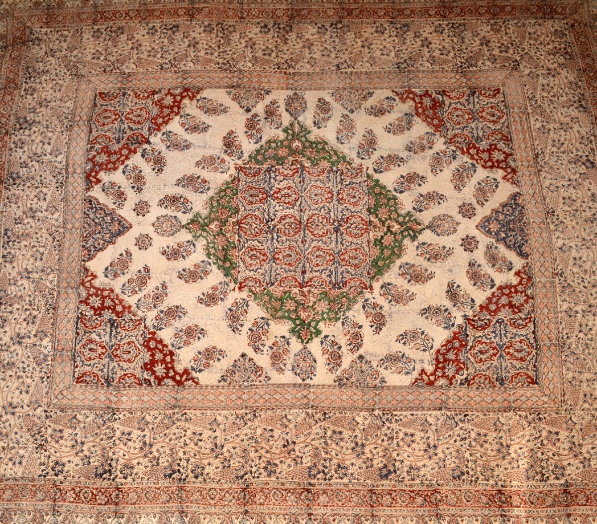 Tissu peint main, Ghalamkar,  212 cm x 254 cm, Iran, Perse vers 1950, parfait état, coton épais-photo-2