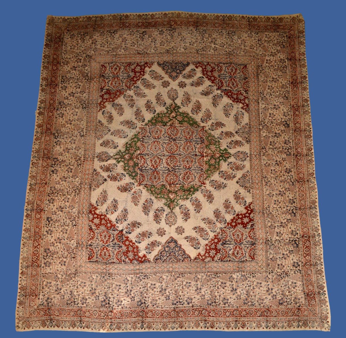 Tissu peint main, Ghalamkar,  212 cm x 254 cm, Iran, Perse vers 1950, parfait état, coton épais-photo-7