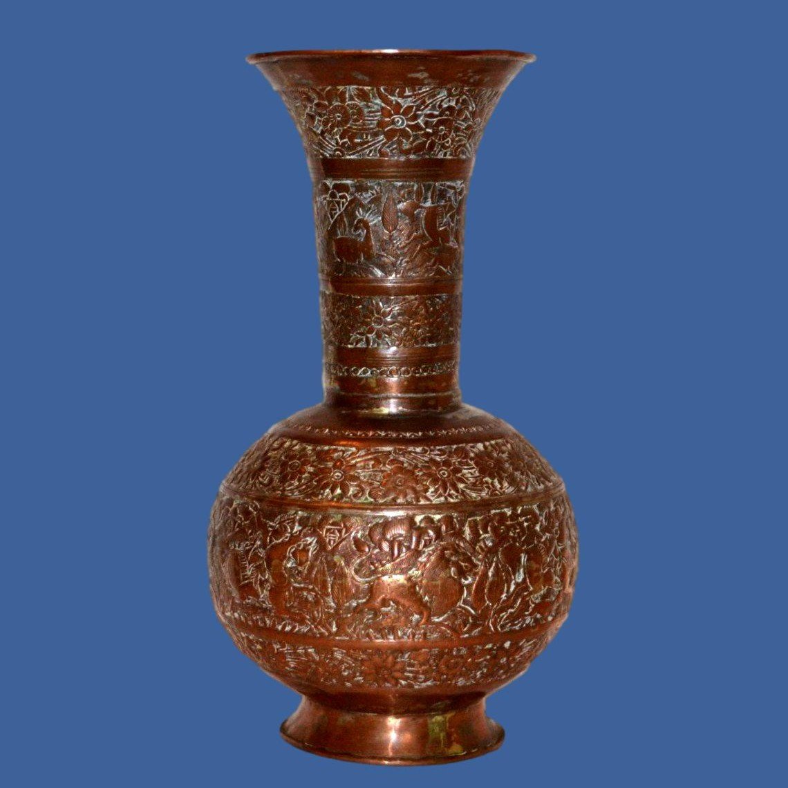 Kadjar Vase, Lion And Deer Hunting, Chased Copper, 19th Century Persia-photo-2