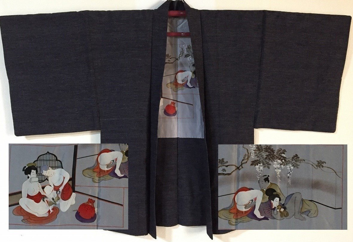 "Très érotique" , veste de Kimono, Haori 羽織, Shunga 春画, coton & soie, Japon 1950, ère Showa-photo-5