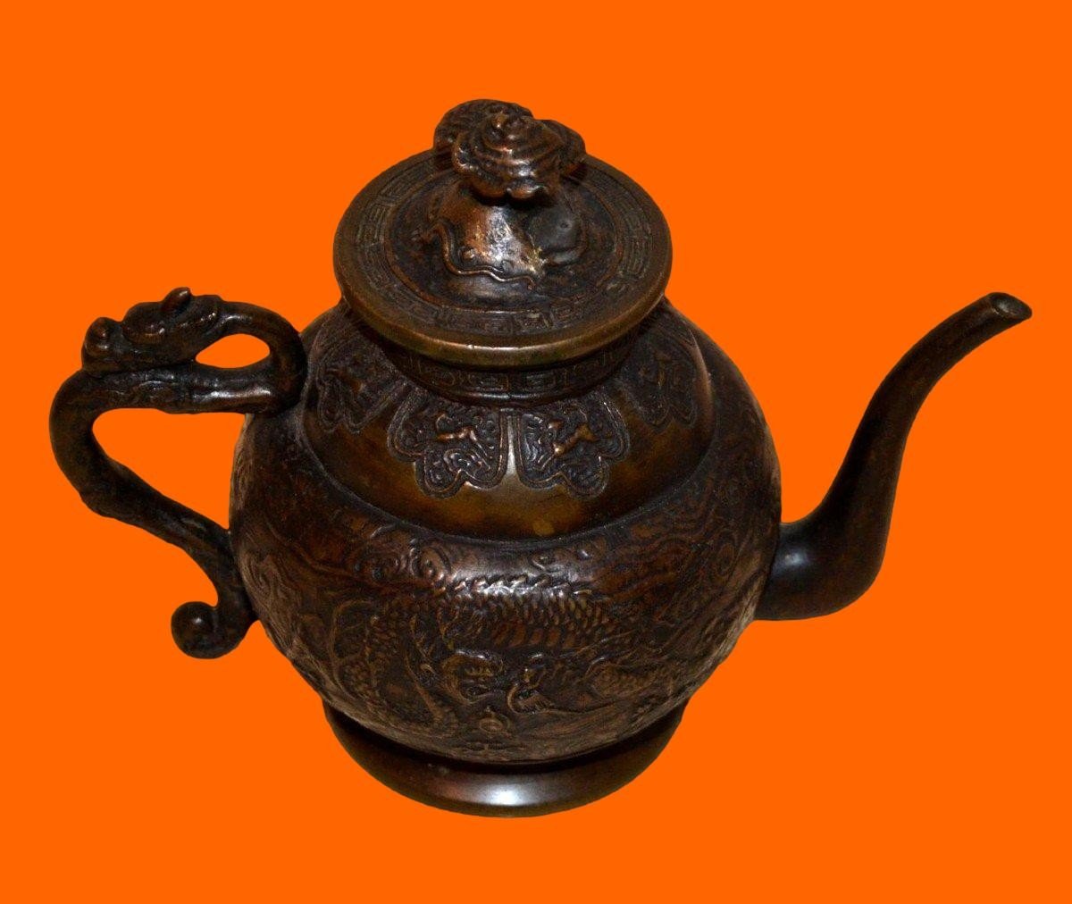 Signed Bronze Teapot With Dragon Decorations, Origin, China From The End Of The 19th Century, Good Condition-photo-2