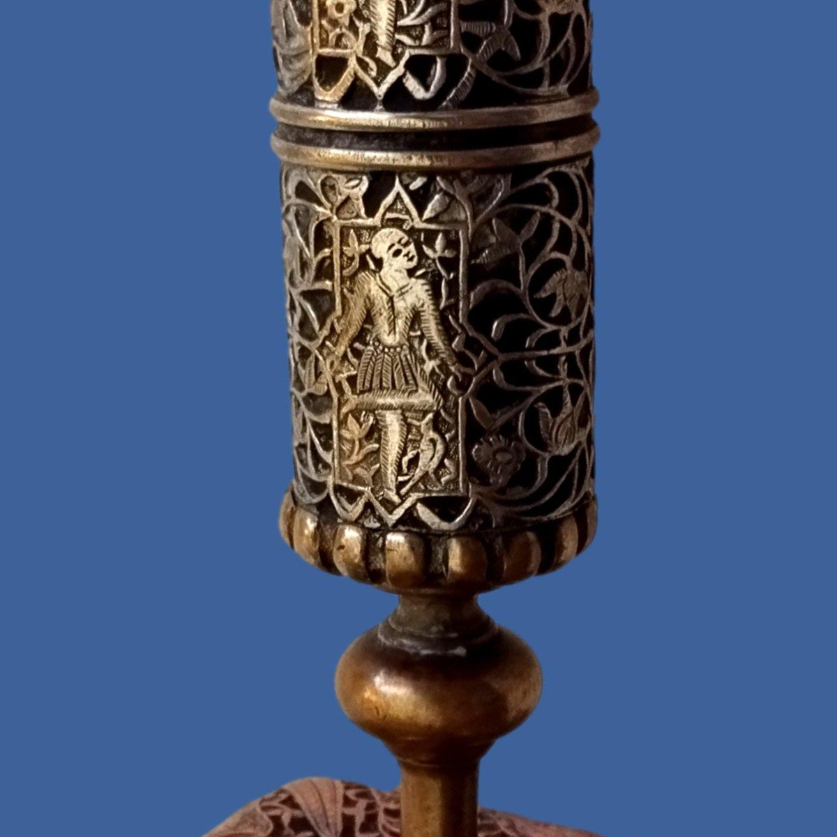 Kadjar Candlestick Circa 1900-190, Silver-plated Copper And Bronze, Iran, Very Good Condition-photo-3