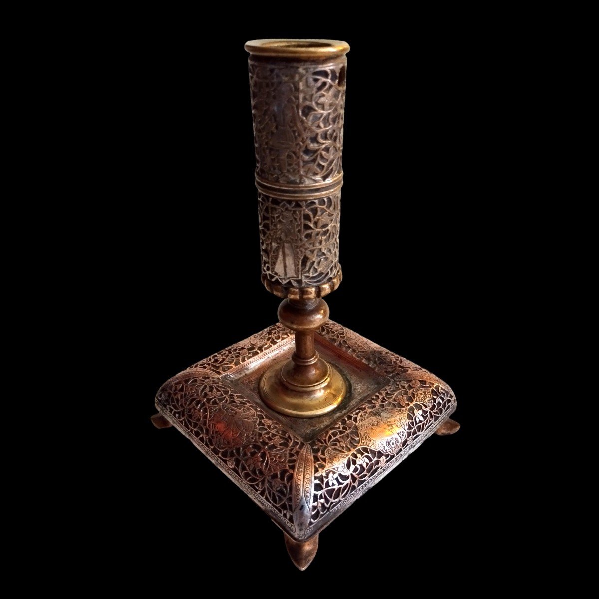 Kadjar Candlestick Circa 1900-190, Silver-plated Copper And Bronze, Iran, Very Good Condition-photo-6