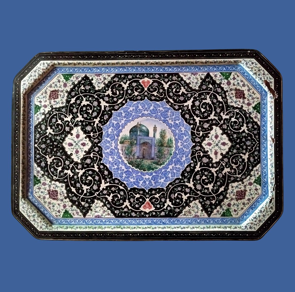 Plateau ancien en Minâkâri, 23,5 x 33 cm,  peint main, Ispahan vers 1900, Iran, dynastie Kadjar-photo-3