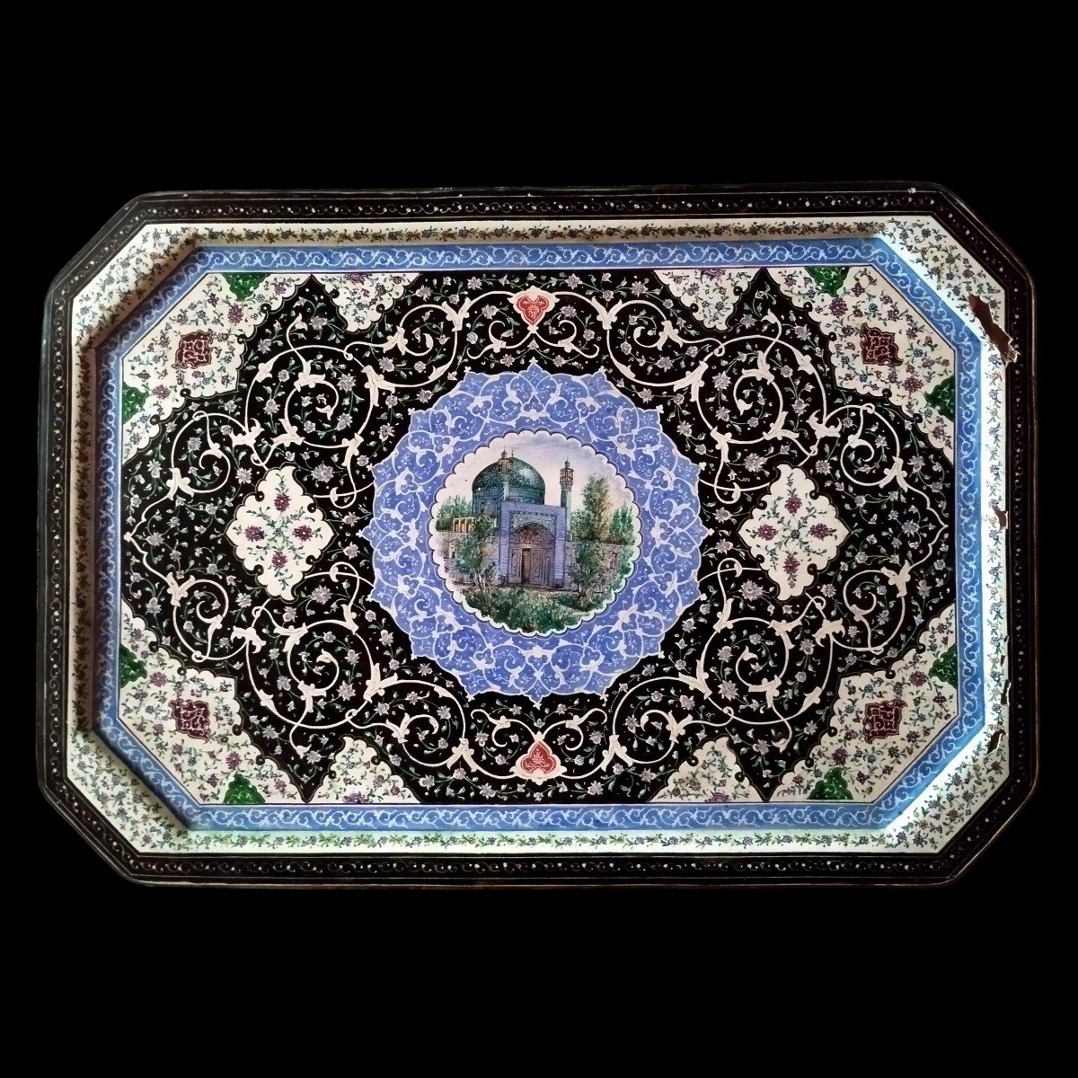 Plateau ancien en Minâkâri, 23,5 x 33 cm,  peint main, Ispahan vers 1900, Iran, dynastie Kadjar