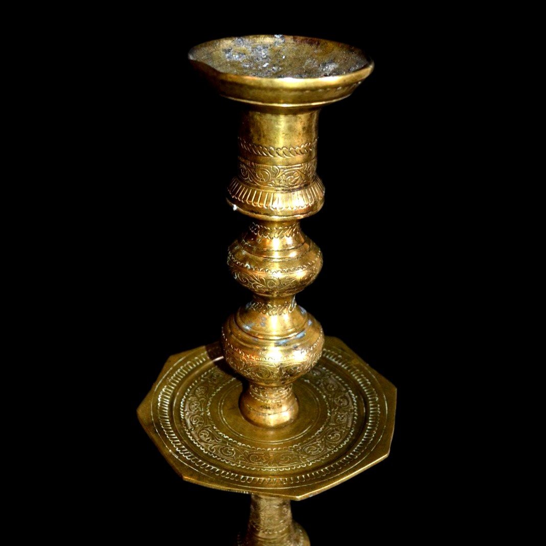 Chandelier Ottoman, vers 1900, hauteur 69 cm, bronze doré plein gravé de décors épigraphiques-photo-2