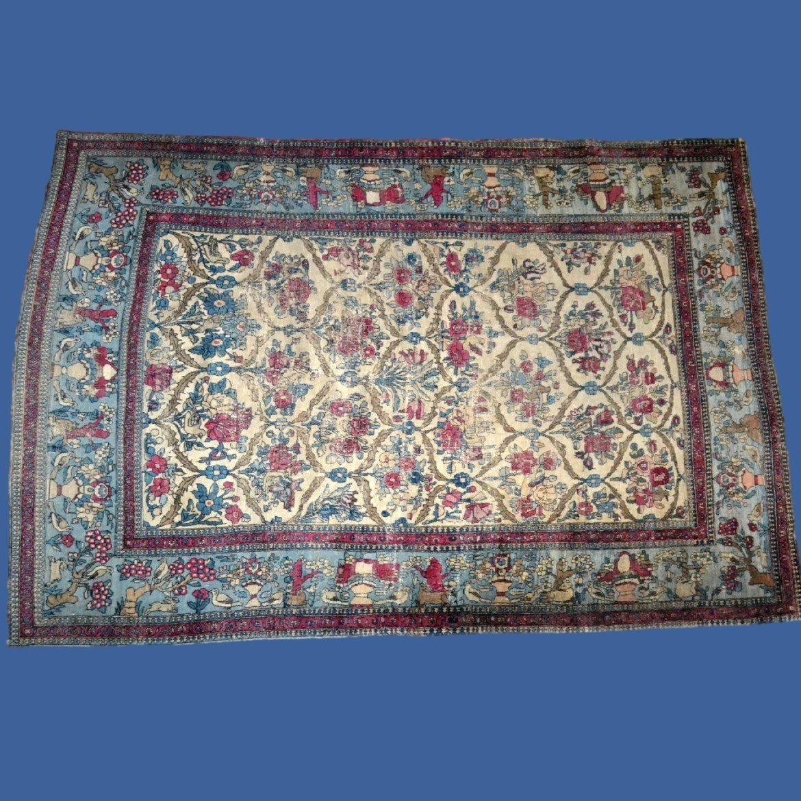 Antique Kirman Carpet With Floral Decoration, 142 X 212 Cm, Wool & Silk, 1880, Kadjar Dynasty, 19th Century-photo-2