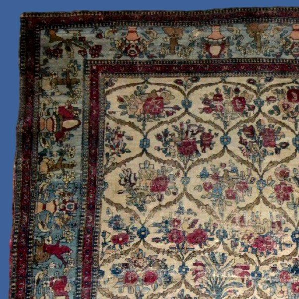 Antique Kirman Carpet With Floral Decoration, 142 X 212 Cm, Wool & Silk, 1880, Kadjar Dynasty, 19th Century-photo-3