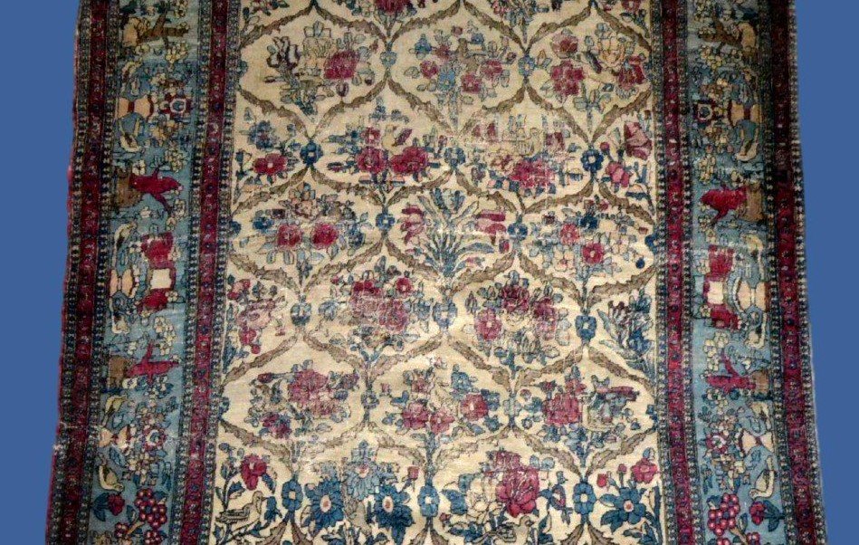 Antique Kirman Carpet With Floral Decoration, 142 X 212 Cm, Wool & Silk, 1880, Kadjar Dynasty, 19th Century-photo-1