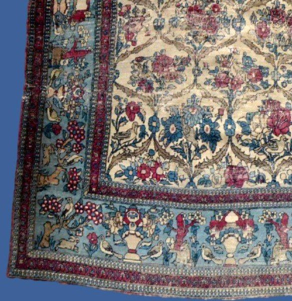 Antique Kirman Carpet With Floral Decoration, 142 X 212 Cm, Wool & Silk, 1880, Kadjar Dynasty, 19th Century-photo-2