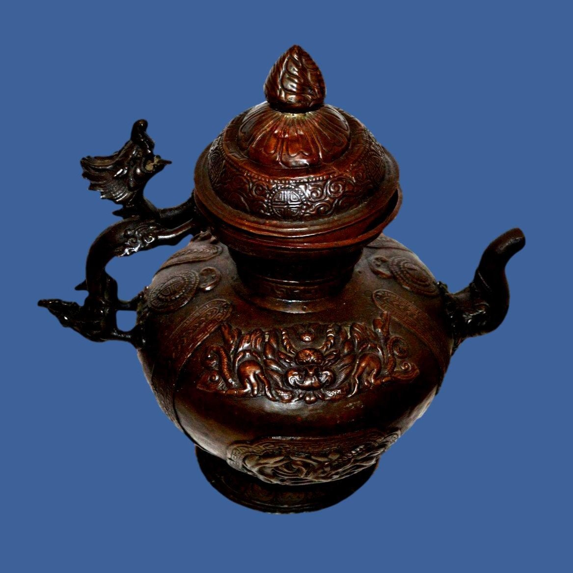 Ritual Dragon Ewer, Ht 34 Cm, Tibet, Repoussé Copper, Beautiful State Of Preservation, 19th Century-photo-2