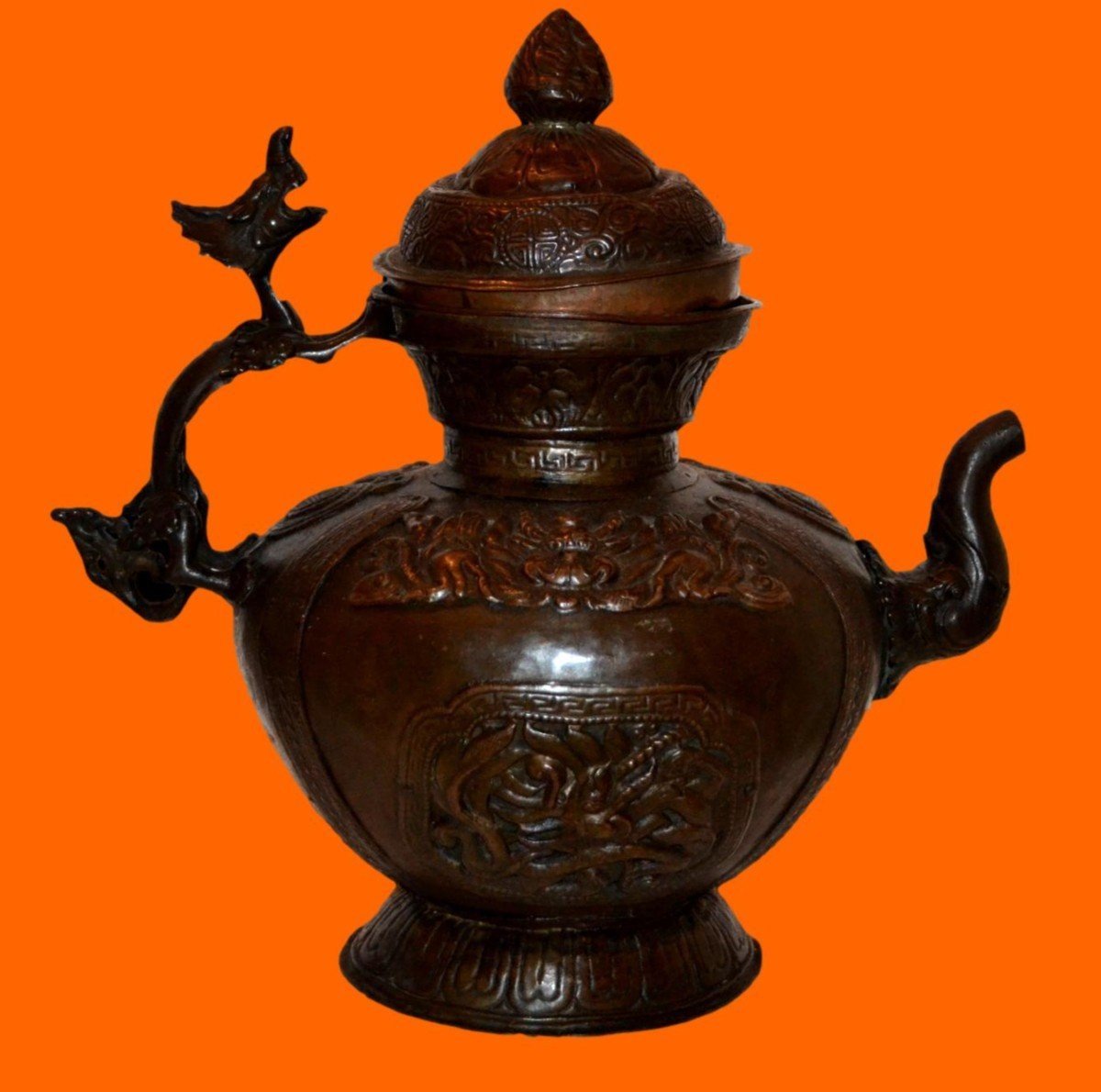 Ritual Dragon Ewer, Ht 34 Cm, Tibet, Repoussé Copper, Beautiful State Of Preservation, 19th Century-photo-6