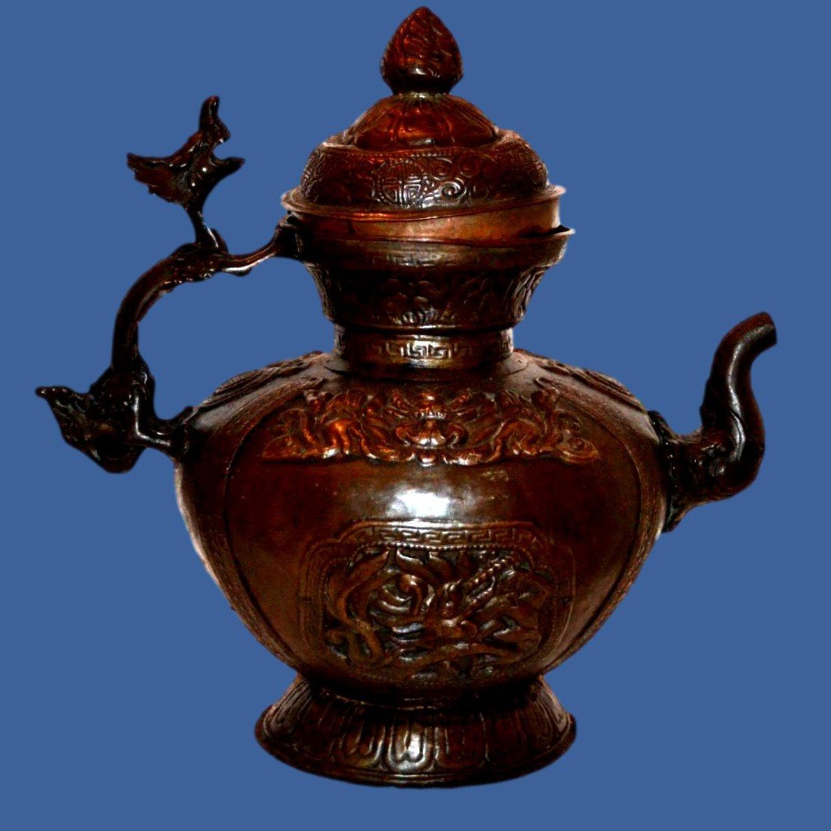 Ritual Dragon Ewer, Ht 34 Cm, Tibet, Repoussé Copper, Beautiful State Of Preservation, 19th Century