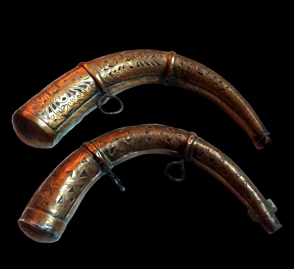 Two Engraved Brass Powder Horns, Morocco, Late 19th-early 20th Century-photo-2