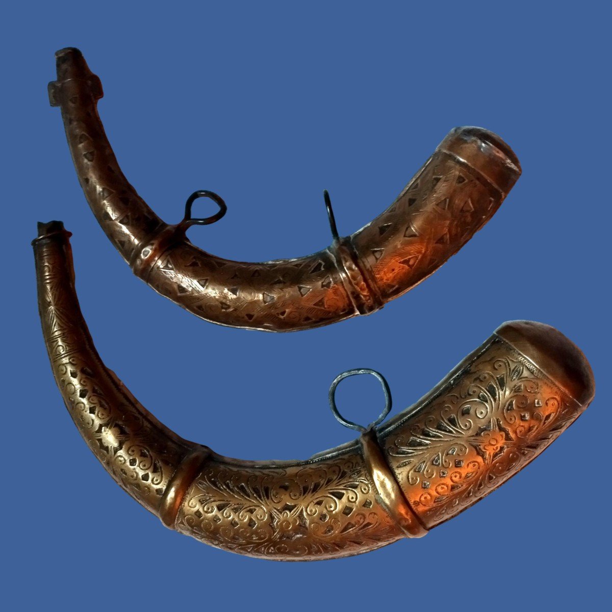 Two Engraved Brass Powder Horns, Morocco, Late 19th-early 20th Century-photo-3